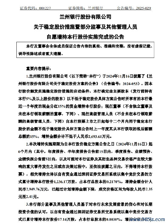 炒股配资杠杆 兰州银行：部分监事及其他管理人员自愿增持本行股份实施完成